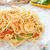 アスパラと海老のトマトクリームパスタと天ぷら盛り合わせの晩ごはん