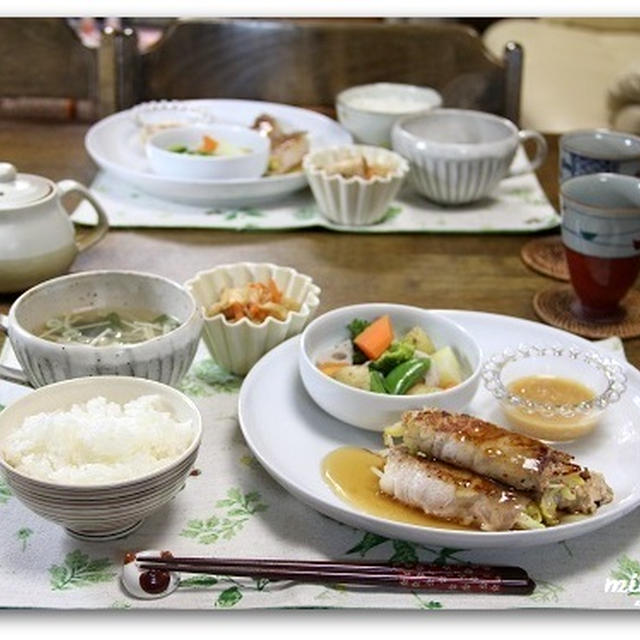 春キャベツともやしの豚巻き焼き　中華あん＆温野菜