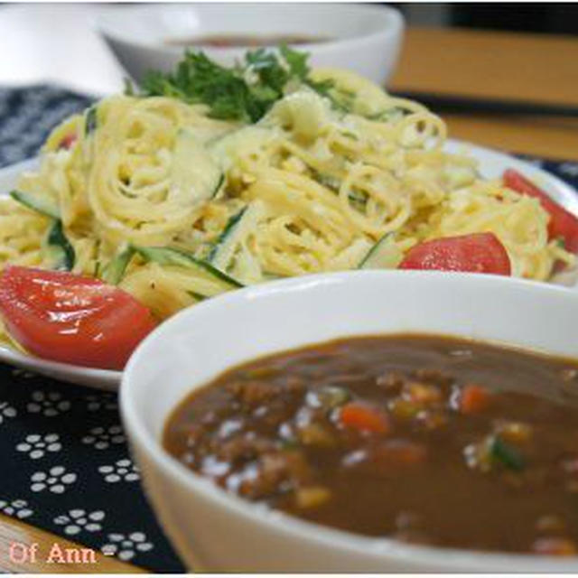 卵サラダとカレーのつけスパゲティ