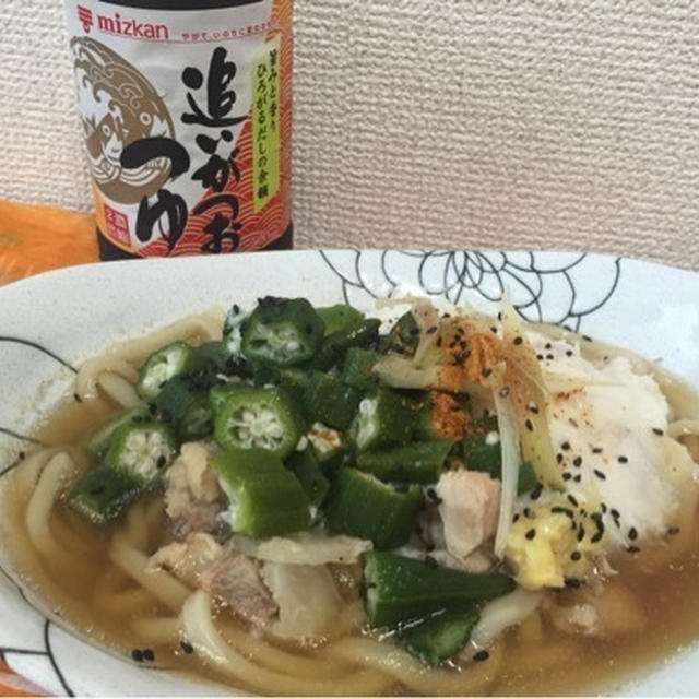 ミツカン追いがつおつゆdeスタミナ♪ネバネバ鶏うどん（手料理）