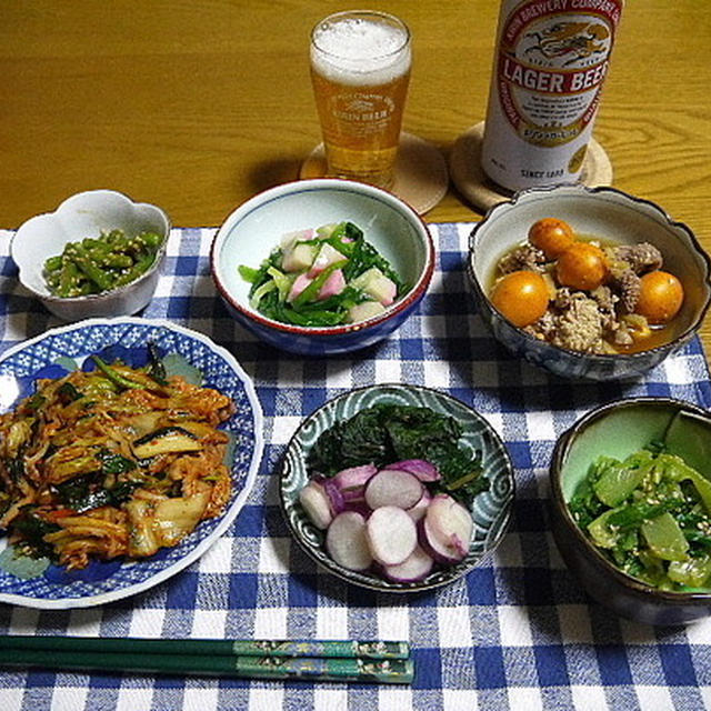 【晩酌】豚キムチ・玉ひも煮付け・わけぎのぬた・いんげんごま和え…