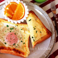 明太ポテトチーズトーストと目玉焼きトーストの朝ごパン♡
