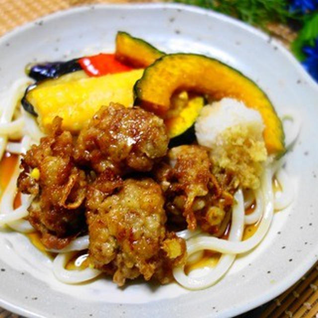 肉天と夏野菜の揚げ冷やしうどん♪