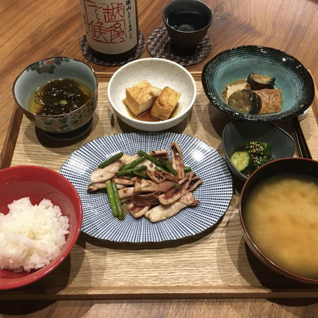 【献立】一夜干しイカとニンニクの芽のバター醤油炒め、もずく酢、厚揚げ焼き、茄子と厚揚げの味噌煮、きゅうりのナムル、豆腐のお味噌汁、日本酒