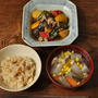 一汁一菜 朝ごはん ◆ ごろごろ野菜のとうもろこしスープ、 茄子・ズッキーニ・豚肉の味噌煮