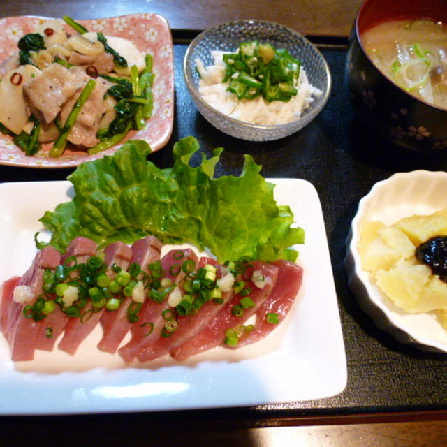 カツオのお刺身と豚肉と蕪のペペロン風の献立　（２日分）