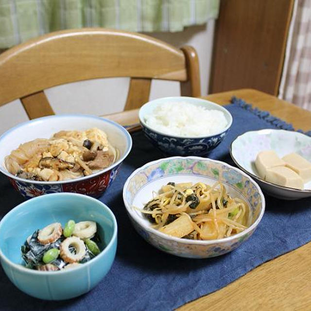 味美菜と豆もやしと長芋の炒めものとちくわとワカメと枝豆の?油マヨ和えでうちごはん（レシピ付）