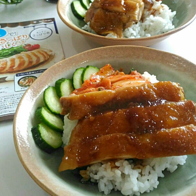 《レシピ有》ミツカン味ぽん☆さっぱり鶏チャーシュー丼、お友達が我が家へ、次女3歳。