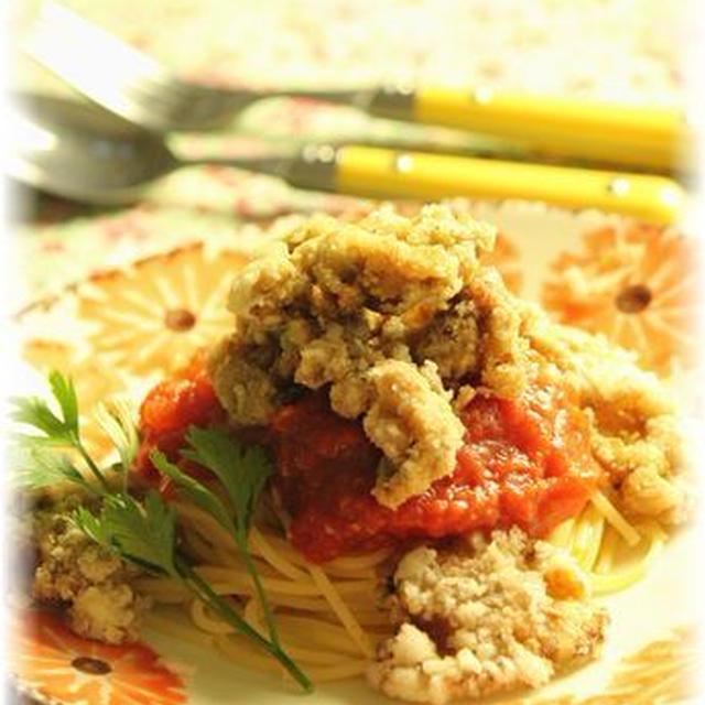 はちみつカレーのカリカリお肉のっけトマトパスタ。　と献立。