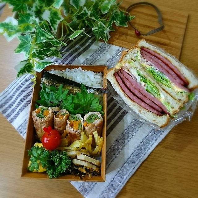 最近のお弁当♪豚肉の野菜まき＆ハンバーグ弁当
