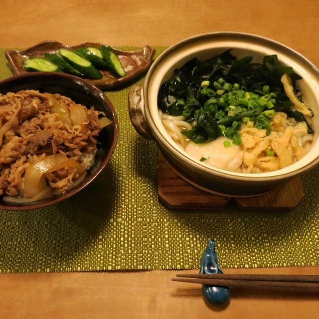 牛丼＆力うどんの晩ご飯　と　キウイの棚♪