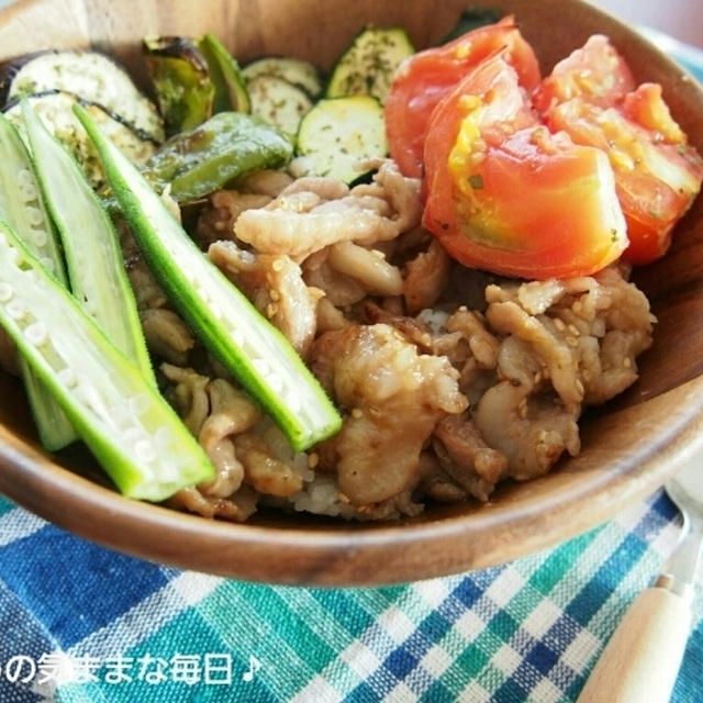 夏バテ飛んでけ！お肉のスタミナ丼グリル野菜のせ