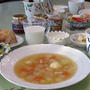 冬野菜のスープ、海老かき揚げ