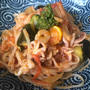 イカゲソとラタトゥイユの米粉麺パスタ　作り置きおかずを合体　夏休みやリモートワークの昼ごはんに