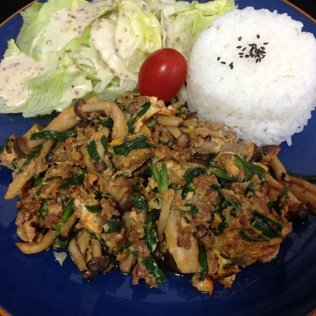 昨日の手抜き夕飯！豚挽き肉とニラのピリ辛炒めのプレート♪