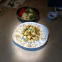 Today's dinner is pasta, salad and mango.