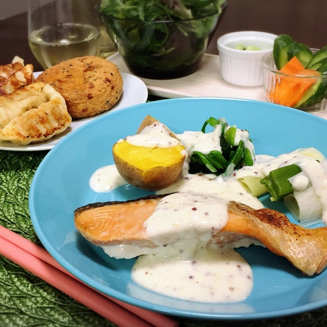 鮭と野菜のワンプレート  マスタードホワイトソース