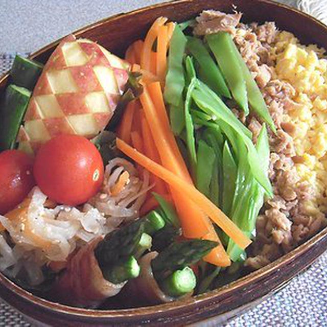 四色丼弁当。網戸の上で遊ぶにゃんこ