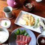 野菜の天ぷらとか、まぐろのお刺身とか。牛肉と根菜のお汁。