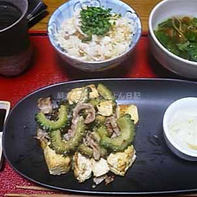 カナダポークとゴーヤと豆腐の塩こうじ（塩糀　塩麹）いため　水切り木綿豆腐を凍らせた物を使いました