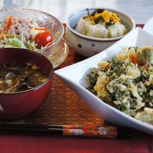 【朝ご飯は芽出し山菜天丼です♪】【プランター菜園】