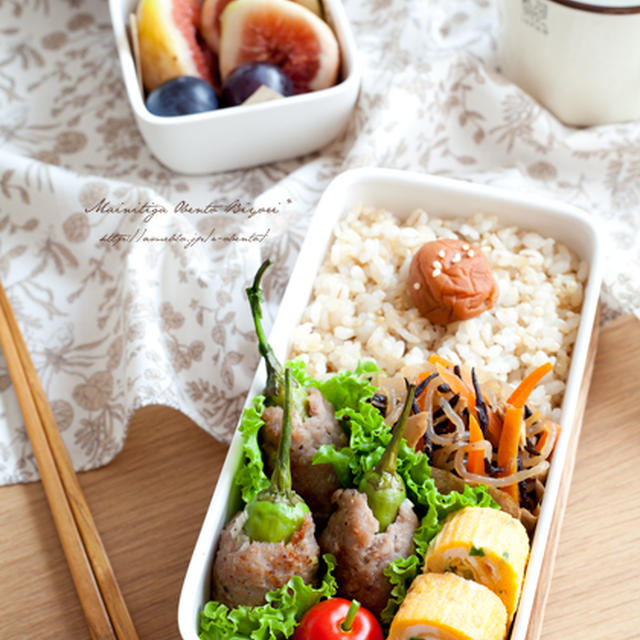 しし唐巻きネギ塩肉団子のお弁当♪