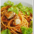 牡蠣とわさび菜のトマトソースのスパゲッティ