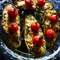 トースターでほっとけ焼き　簡単　ナストマトのkiriクリームチーズ焼き　ナスボートに乗せて　　tapas  Eggplant Tomato