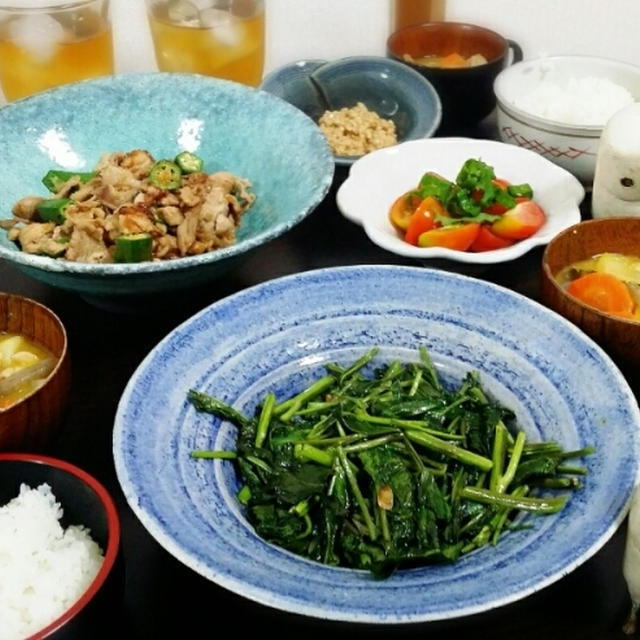 空心菜炒め+豚おくら+きしめん+麻婆豆腐等々