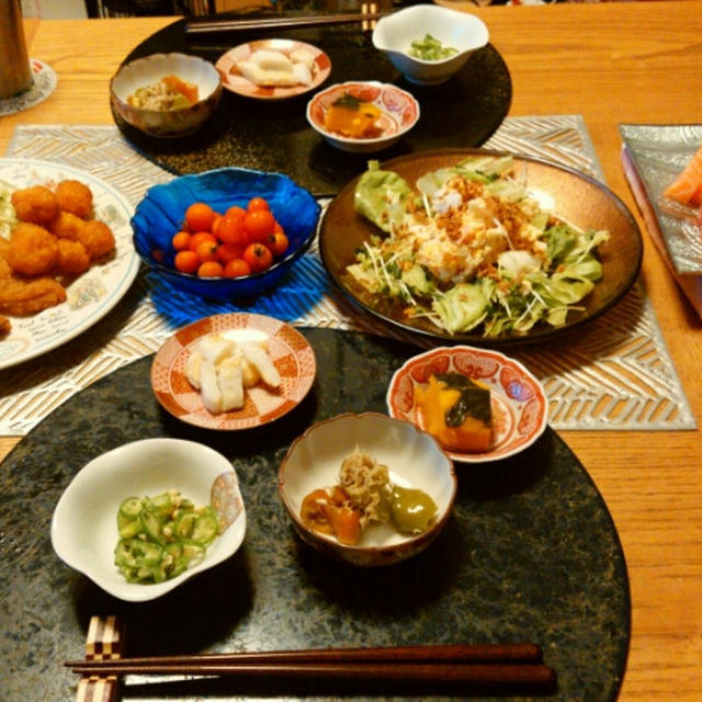 ほぼ並べただけ　お刺身と市販のフライとサラダと小鉢4品で晩酌