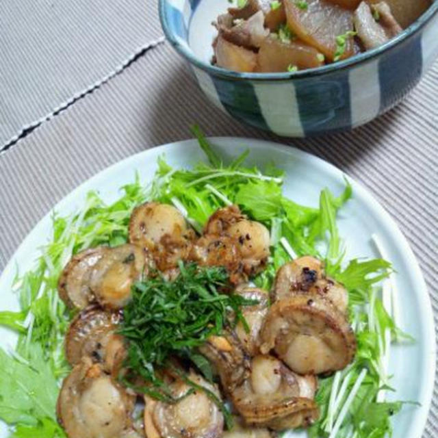 帆立のバターしょう油焼きと豚肉と大根の炒め煮