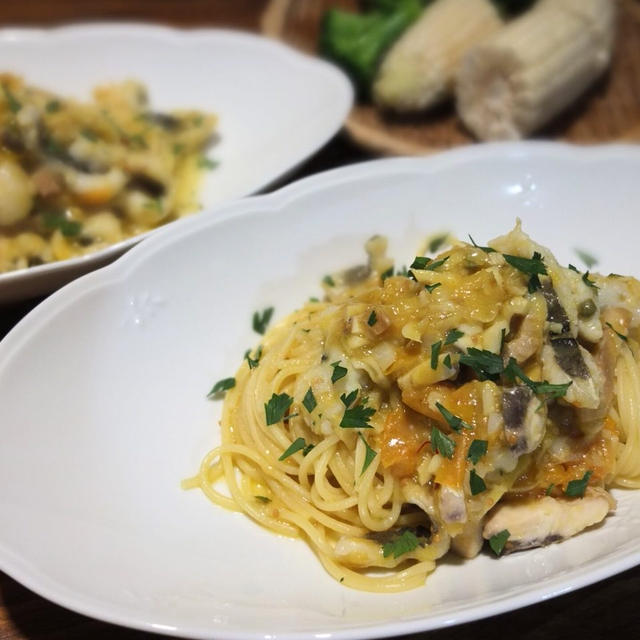 ハモの黄トマトソースパスタ サフラン風味