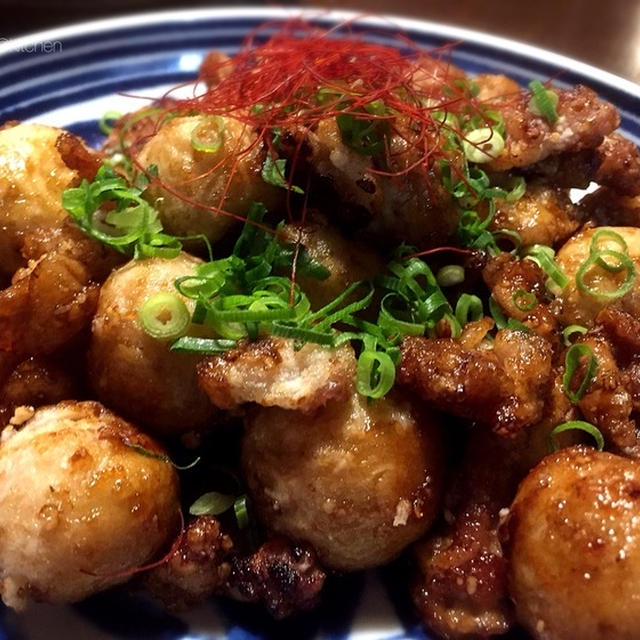 サトイモと豚肉の甘辛揚げ照り焼き。