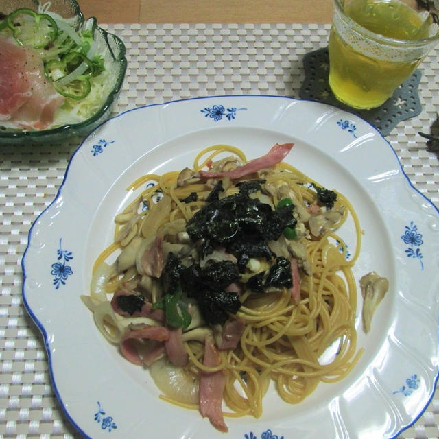 舞茸とベーコンのバタマヨしょうゆパスタ