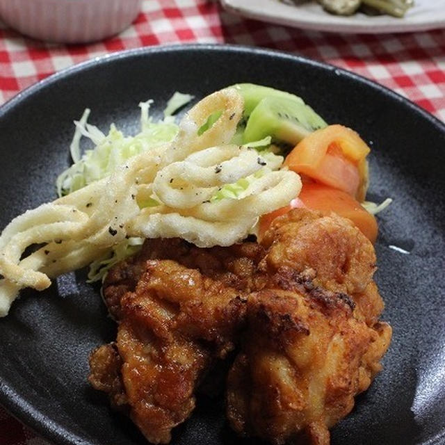 鶏のピリ辛唐揚げ・うどんステック添え♪