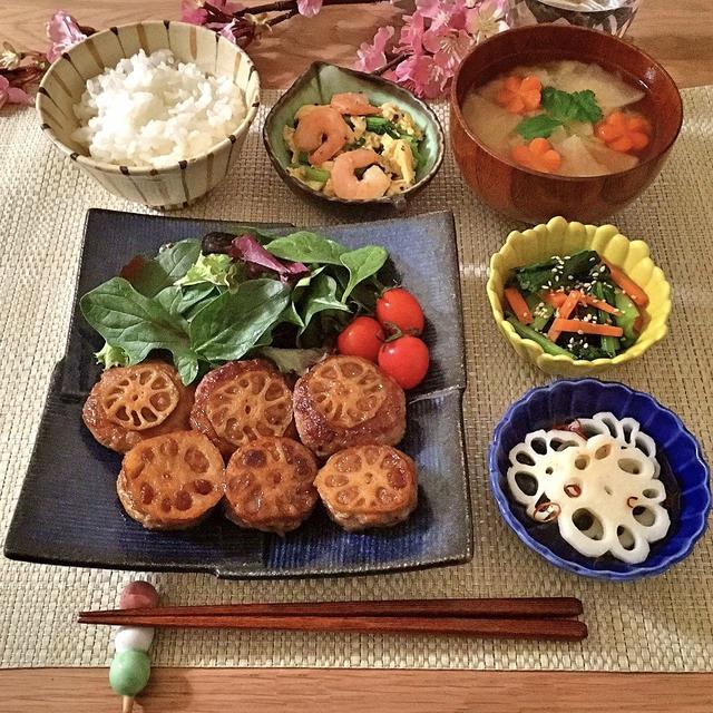 67.【60分】蓮根はさみ焼き、エビと小松菜の玉子炒め、小松菜と人参のナムル