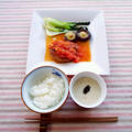 ■里芋の白味噌ポタージュと豆腐ハンバーグトマトソースの朝ごはん
