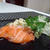 ノルウェー・サーモン、セロリとヨーグルトのソース添え、豆腐ステーキのジェノベーゼソース和え（Norwegian Salmon Sashimi with Yogurt and Celery Sauce, Tofu Steak with Pesto Genovese）