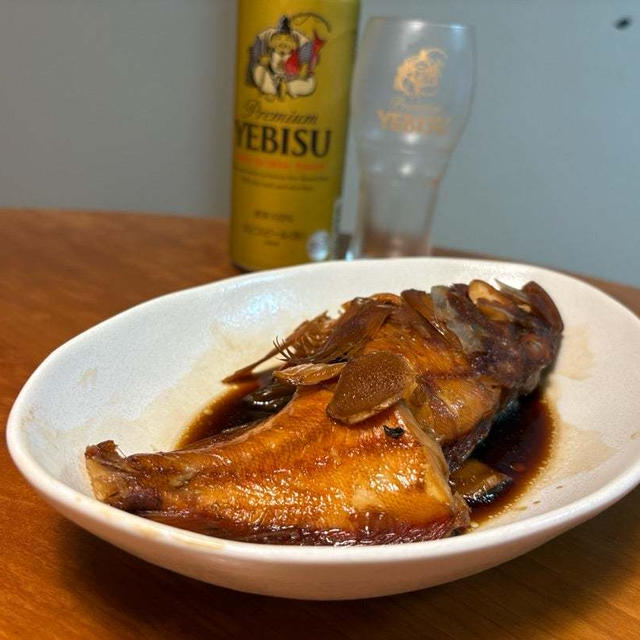ガシラの煮付けとエビスビール