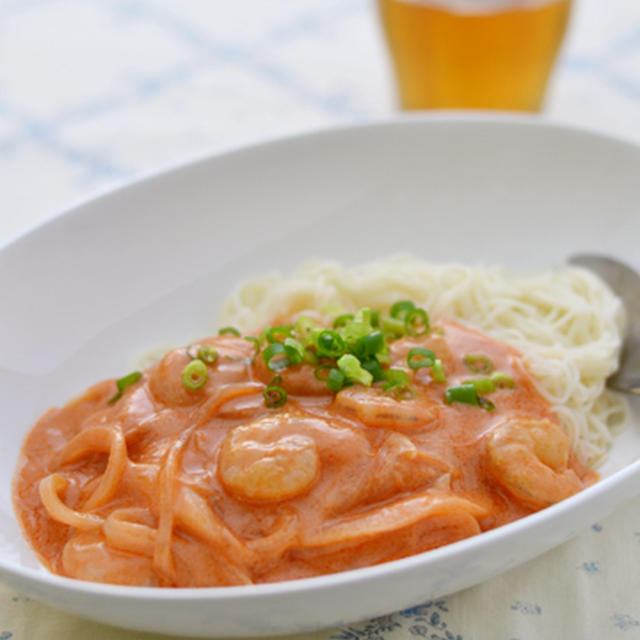 そうめんで☆えびトマト和風クリームそうめん。*かどや製油