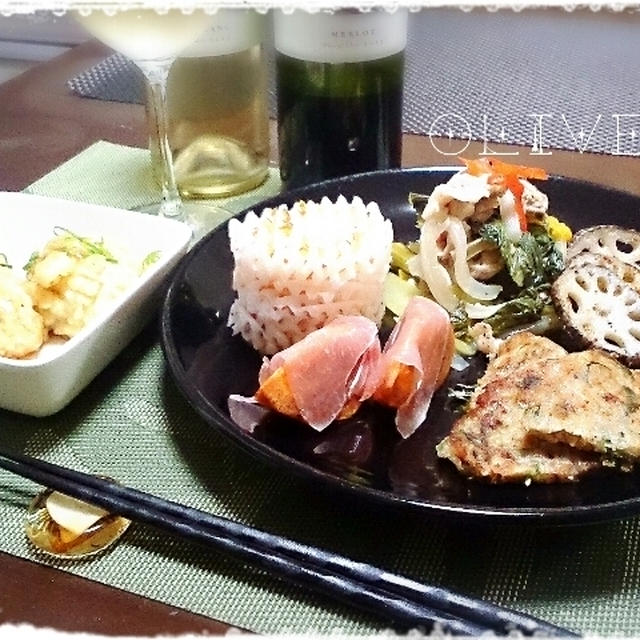 ムスメと2人ご飯　大根のミルフィーユサラダとか小えびと里芋の揚げ団子とか。