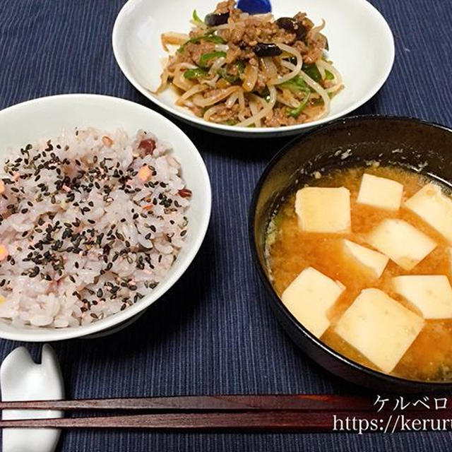 【一汁一菜】挽肉と野菜の炒め物と豆腐の味噌汁