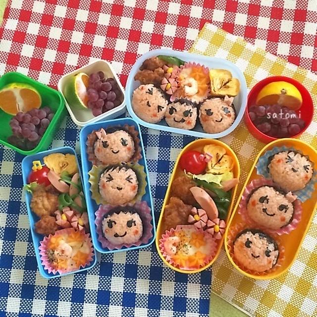 幼稚園弁当☆　朝からキャラ弁3つ+オッさん弁当はキツかった～(´・ω・｀)