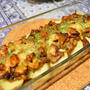 新じゃがのどんこミートソース焼き。新じゃがの美味しい季節に干し椎茸の旨みをプラス。