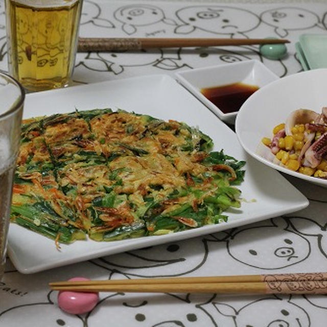 桜エビのチヂミ　と　イカのバター醤油炒め