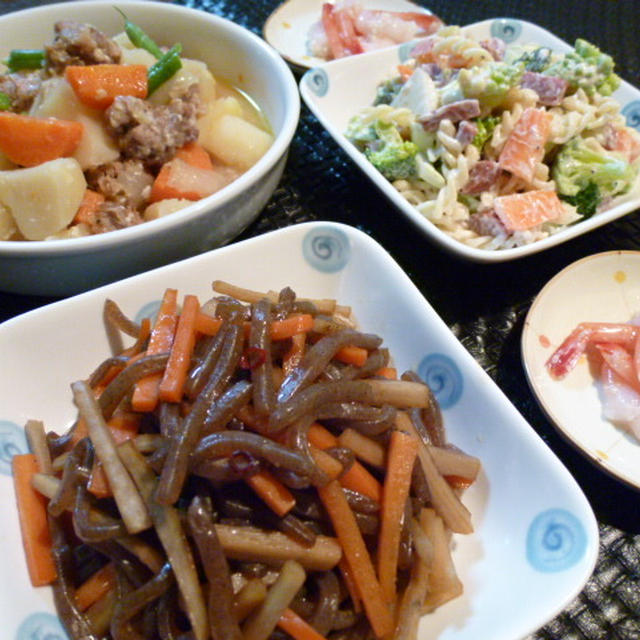 塩麹肉じゃがと甘エビの塩麹和えの献立　夕ご飯