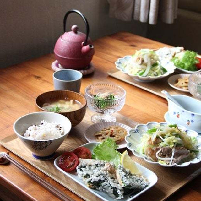 あじのしそ巻き竜田揚げ と 豚肉の春野菜炒め。