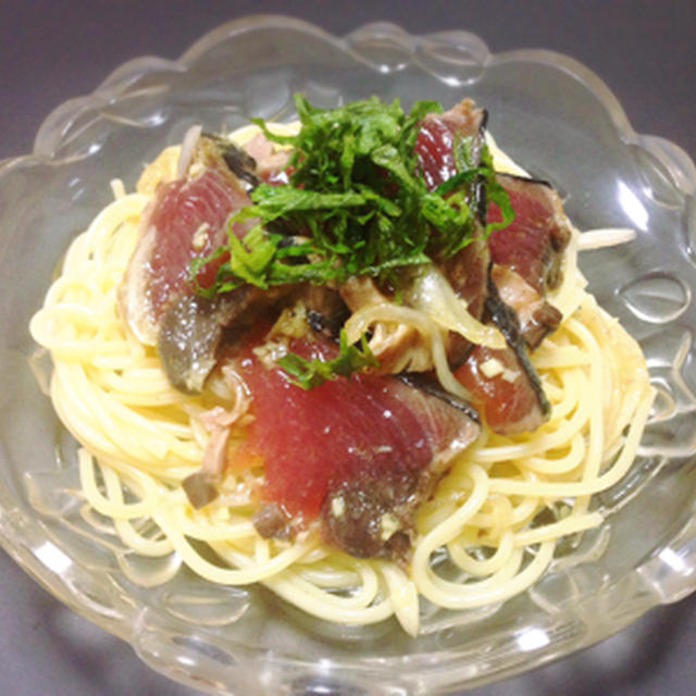 鰹のたたきのパスタ&そぼろうどん