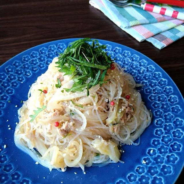 お湯とレンジで…１０分完成〜☆まるでパスタのよう♡大葉香る〜トロトロ玉ねぎのシーチキンチーズ春雨