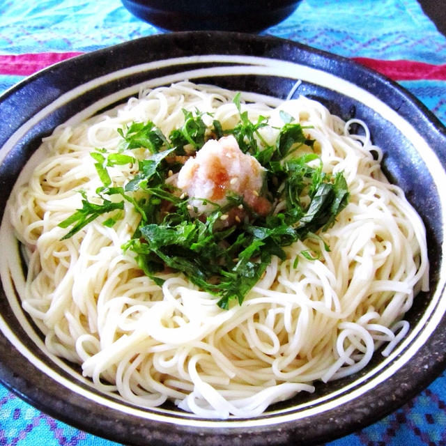 [簡単・絶妙♪]　なめたけ梅おろしそうめん/カラフル野菜のだし浸し